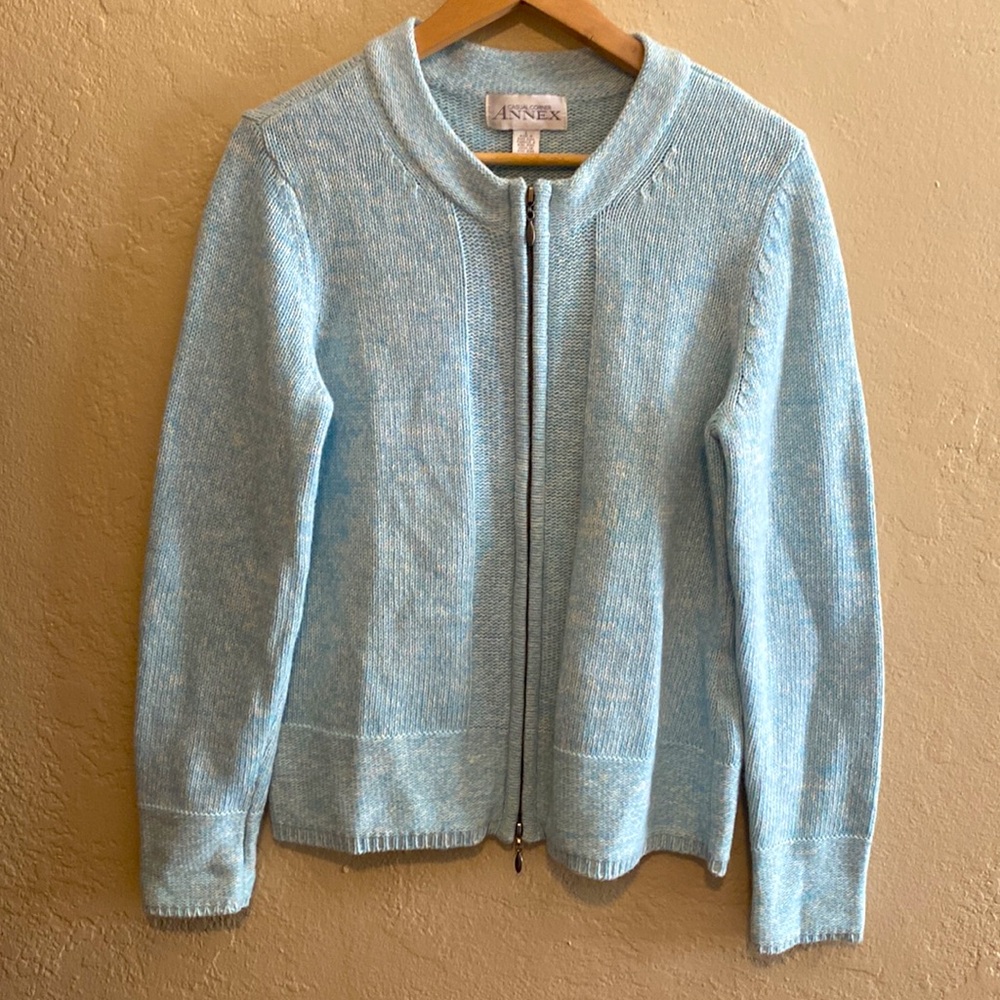 Casual Corner Annex Heathered Powder Blue Knit Zip Hip Length Cardigan Sweater L